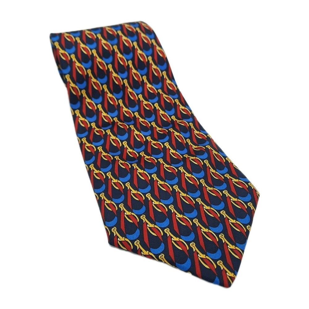 VTG FENDI Silk Necktie Tie Equestrian Horsebit Abstract Blue Red Yellow Italy